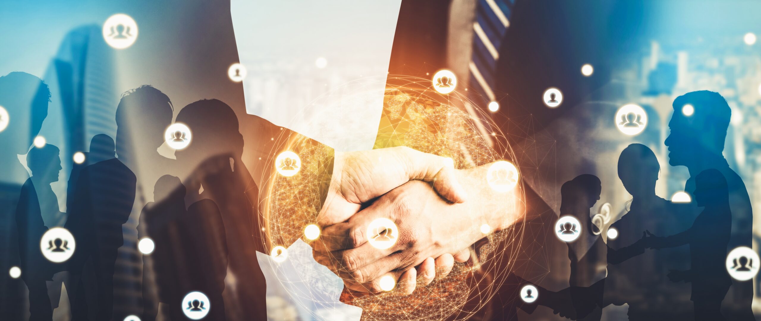 Creative image of many business people conference group meeting on city office building background showing partnership success of business deal. Concept of teamwork, trust and agreement.